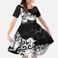 New Zealand Kea Bird Kid Short Sleeve Dress Maori Tattoo and Silver Fern Black Color LT03 KID Black - Polynesian Pride