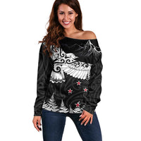 New Zealand Kea Bird Off Shoulder Sweater Maori Tattoo and Silver Fern Black Color LT03 Women Black - Polynesian Pride