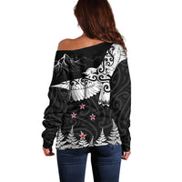 New Zealand Kea Bird Off Shoulder Sweater Maori Tattoo and Silver Fern Black Color LT03 - Polynesian Pride