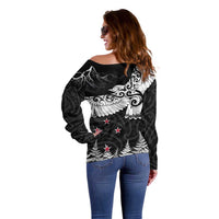 New Zealand Kea Bird Off Shoulder Sweater Maori Tattoo and Silver Fern Black Color LT03 - Polynesian Pride