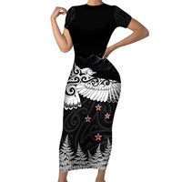 New Zealand Kea Bird Short Sleeve Bodycon Dress Maori Tattoo and Silver Fern Black Color LT03 Long Dress Black - Polynesian Pride