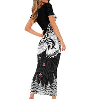 New Zealand Kea Bird Short Sleeve Bodycon Dress Maori Tattoo and Silver Fern Black Color LT03 - Polynesian Pride
