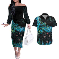 New Zealand Kea Bird Couples Matching Off The Shoulder Long Sleeve Dress and Hawaiian Shirt Maori Tattoo and Silver Fern Paua Shell Style LT03 Black - Polynesian Pride