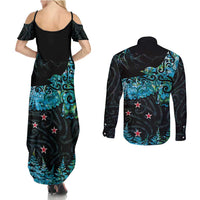 New Zealand Kea Bird Couples Matching Summer Maxi Dress and Long Sleeve Button Shirt Maori Tattoo and Silver Fern Paua Shell Style LT03 - Polynesian Pride