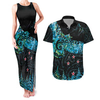 New Zealand Kea Bird Couples Matching Tank Maxi Dress and Hawaiian Shirt Maori Tattoo and Silver Fern Paua Shell Style LT03 Black - Polynesian Pride