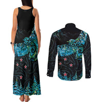 New Zealand Kea Bird Couples Matching Tank Maxi Dress and Long Sleeve Button Shirt Maori Tattoo and Silver Fern Paua Shell Style LT03 - Polynesian Pride