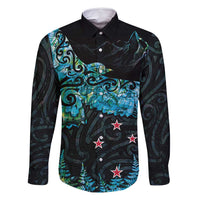 New Zealand Kea Bird Family Matching Summer Maxi Dress and Hawaiian Shirt Maori Tattoo and Silver Fern Paua Shell Style LT03 Dad's Shirt - Long Sleeve Black - Polynesian Pride