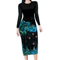 New Zealand Kea Bird Long Sleeve Bodycon Dress Maori Tattoo and Silver Fern Paua Shell Style LT03 Long Dress Black - Polynesian Pride