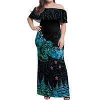 New Zealand Kea Bird Off Shoulder Maxi Dress Maori Tattoo and Silver Fern Paua Shell Style LT03 Women Black - Polynesian Pride