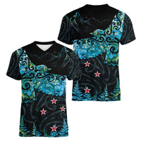 New Zealand Kea Bird Women V-Neck T-Shirt Maori Tattoo and Silver Fern Paua Shell Style LT03 - Polynesian Pride