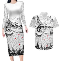 New Zealand Kea Bird Couples Matching Long Sleeve Bodycon Dress and Hawaiian Shirt Maori Tattoo and Silver Fern White Color LT03 White - Polynesian Pride