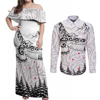 New Zealand Kea Bird Couples Matching Off Shoulder Maxi Dress and Long Sleeve Button Shirt Maori Tattoo and Silver Fern White Color LT03 White - Polynesian Pride