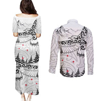 New Zealand Kea Bird Couples Matching Puletasi and Long Sleeve Button Shirt Maori Tattoo and Silver Fern White Color LT03 - Polynesian Pride