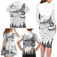 New Zealand Kea Bird Family Matching Long Sleeve Bodycon Dress and Hawaiian Shirt Maori Tattoo and Silver Fern White Color LT03 - Polynesian Pride
