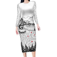 New Zealand Kea Bird Family Matching Long Sleeve Bodycon Dress and Hawaiian Shirt Maori Tattoo and Silver Fern White Color LT03 Mom's Dress White - Polynesian Pride