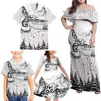 New Zealand Kea Bird Family Matching Off Shoulder Maxi Dress and Hawaiian Shirt Maori Tattoo and Silver Fern White Color LT03 - Polynesian Pride