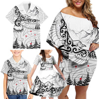 New Zealand Kea Bird Family Matching Off Shoulder Short Dress and Hawaiian Shirt Maori Tattoo and Silver Fern White Color LT03 - Polynesian Pride