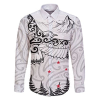 New Zealand Kea Bird Family Matching Puletasi and Hawaiian Shirt Maori Tattoo and Silver Fern White Color LT03 Dad's Shirt - Long Sleeve White - Polynesian Pride
