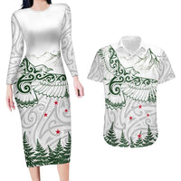 New Zealand Kea Bird Couples Matching Long Sleeve Bodycon Dress and Hawaiian Shirt Maori Tattoo and Silver Fern Green Color LT03 White - Polynesian Pride