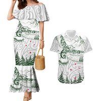 New Zealand Kea Bird Couples Matching Mermaid Dress and Hawaiian Shirt Maori Tattoo and Silver Fern Green Color LT03 White - Polynesian Pride