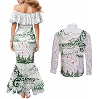 New Zealand Kea Bird Couples Matching Mermaid Dress and Long Sleeve Button Shirt Maori Tattoo and Silver Fern Green Color LT03 - Polynesian Pride