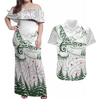 New Zealand Kea Bird Couples Matching Off Shoulder Maxi Dress and Hawaiian Shirt Maori Tattoo and Silver Fern Green Color LT03 White - Polynesian Pride