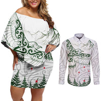 New Zealand Kea Bird Couples Matching Off Shoulder Short Dress and Long Sleeve Button Shirt Maori Tattoo and Silver Fern Green Color LT03 White - Polynesian Pride