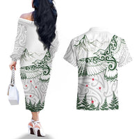 New Zealand Kea Bird Couples Matching Off The Shoulder Long Sleeve Dress and Hawaiian Shirt Maori Tattoo and Silver Fern Green Color LT03 - Polynesian Pride