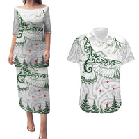 New Zealand Kea Bird Couples Matching Puletasi and Hawaiian Shirt Maori Tattoo and Silver Fern Green Color LT03 White - Polynesian Pride