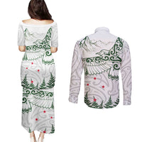 New Zealand Kea Bird Couples Matching Puletasi and Long Sleeve Button Shirt Maori Tattoo and Silver Fern Green Color LT03 - Polynesian Pride