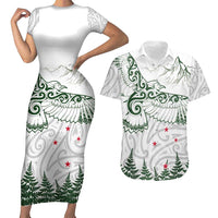 New Zealand Kea Bird Couples Matching Short Sleeve Bodycon Dress and Hawaiian Shirt Maori Tattoo and Silver Fern Green Color LT03 White - Polynesian Pride