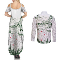 New Zealand Kea Bird Couples Matching Summer Maxi Dress and Long Sleeve Button Shirt Maori Tattoo and Silver Fern Green Color LT03 - Polynesian Pride