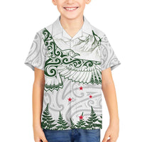New Zealand Kea Bird Family Matching Off Shoulder Short Dress and Hawaiian Shirt Maori Tattoo and Silver Fern Green Color LT03 Son's Shirt White - Polynesian Pride