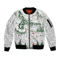 New Zealand Kea Bird Sleeve Zip Bomber Jacket Maori Tattoo and Silver Fern Green Color LT03 Unisex White - Polynesian Pride