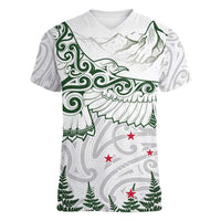 New Zealand Kea Bird Women V-Neck T-Shirt Maori Tattoo and Silver Fern Green Color LT03 Female White - Polynesian Pride