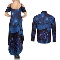 New Zealand Kea Bird Couples Matching Summer Maxi Dress and Long Sleeve Button Shirt Maori Tattoo and Silver Fern Matariki Style LT03 - Polynesian Pride