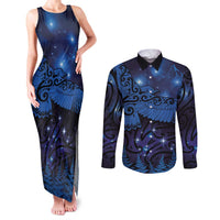 New Zealand Kea Bird Couples Matching Tank Maxi Dress and Long Sleeve Button Shirt Maori Tattoo and Silver Fern Matariki Style LT03 Blue - Polynesian Pride