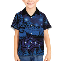 New Zealand Kea Bird Family Matching Off Shoulder Short Dress and Hawaiian Shirt Maori Tattoo and Silver Fern Matariki Style LT03 Son's Shirt Blue - Polynesian Pride