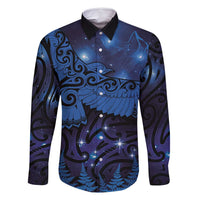 New Zealand Kea Bird Family Matching Tank Maxi Dress and Hawaiian Shirt Maori Tattoo and Silver Fern Matariki Style LT03 Dad's Shirt - Long Sleeve Blue - Polynesian Pride