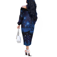 New Zealand Kea Bird Off The Shoulder Long Sleeve Dress Maori Tattoo and Silver Fern Matariki Style LT03 - Polynesian Pride
