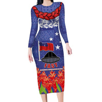 FAST Party Samoa Family Matching Long Sleeve Bodycon Dress and Hawaiian Shirt Ula Fala Teuila Polynesian Tapa Pattern LT03 Mom's Dress Blue - Polynesian Pride