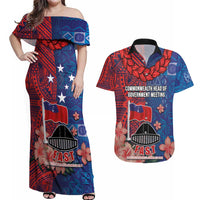 CHOGM FAST Samoa 2024 Couples Matching Off Shoulder Maxi Dress and Hawaiian Shirt Samoan Tapa Tribal and Ornament Pattern with Hibiscus LT03 Blue - Polynesian Pride