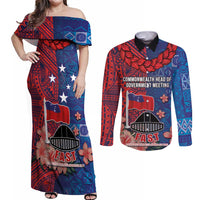 CHOGM FAST Samoa 2024 Couples Matching Off Shoulder Maxi Dress and Long Sleeve Button Shirt Samoan Tapa Tribal and Ornament Pattern with Hibiscus LT03 Blue - Polynesian Pride