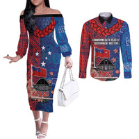 CHOGM FAST Samoa 2024 Couples Matching Off The Shoulder Long Sleeve Dress and Long Sleeve Button Shirt Samoan Tapa Tribal and Ornament Pattern with Hibiscus LT03 Blue - Polynesian Pride