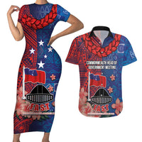 CHOGM FAST Samoa 2024 Couples Matching Short Sleeve Bodycon Dress and Hawaiian Shirt Samoan Tapa Tribal and Ornament Pattern with Hibiscus LT03 Blue - Polynesian Pride