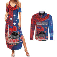CHOGM FAST Samoa 2024 Couples Matching Summer Maxi Dress and Long Sleeve Button Shirt Samoan Tapa Tribal and Ornament Pattern with Hibiscus LT03 Blue - Polynesian Pride