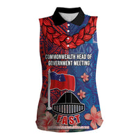 CHOGM FAST Samoa 2024 Women Sleeveless Polo Shirt Samoan Tapa Tribal and Ornament Pattern with Hibiscus LT03 Female Blue - Polynesian Pride