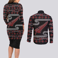 New Zealand Christmas Couples Matching Long Sleeve Bodycon Dress and Long Sleeve Button Shirt Meri Kirihimete Silver Fern Knit Style Red Color LT03 - Polynesian Pride