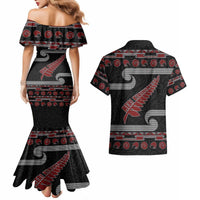 New Zealand Christmas Couples Matching Mermaid Dress and Hawaiian Shirt Meri Kirihimete Silver Fern Knit Style Red Color LT03 - Polynesian Pride