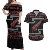 New Zealand Christmas Couples Matching Off Shoulder Maxi Dress and Hawaiian Shirt Meri Kirihimete Silver Fern Knit Style Red Color LT03 Red - Polynesian Pride